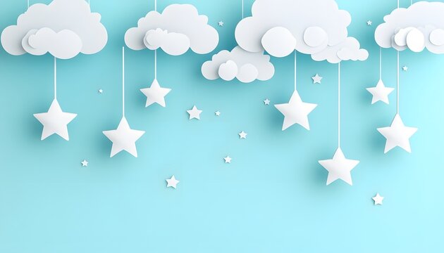 White paper clouds and stars on a pastel blue background.