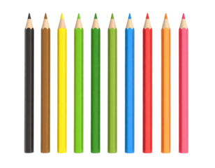 Ten colored pencils arranged vertically in a row with sharpened tips, featuring colors including black, brown, yellow, green, blue, red, orange, and pink.