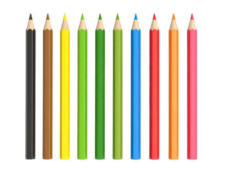 Ten colored pencils arranged vertically in a row with sharpened tips, featuring colors including black, brown, yellow, green, blue, red, orange, and pink.