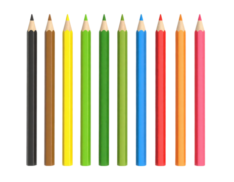 Ten colored pencils arranged vertically in a row with sharpened tips, featuring colors including black, brown, yellow, green, blue, red, orange, and pink.