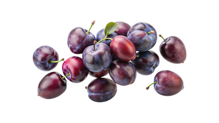 A pile of beautiful and fresh plums on an isolated white background