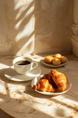 A cup of black espresso with golden croissants and cookies on ceramic plates, captured in soft morning sunlight. Cozy breakfast moment on a textured marble table near a window.