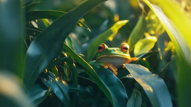 green frog camouflaged on a leaf