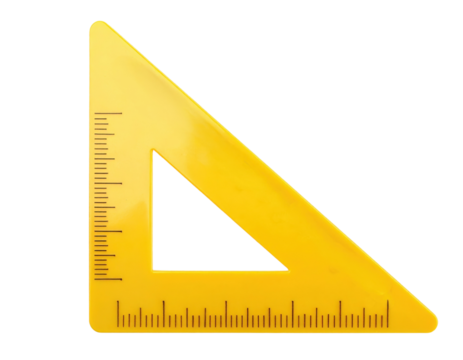 A yellow triangular ruler featuring measurement markings along its two shorter edges.