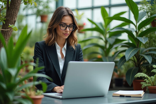 Stylish Female Entrepreneur in Power Suit and Trendy Glasses Working in Greenhouse Oasis with Laptop