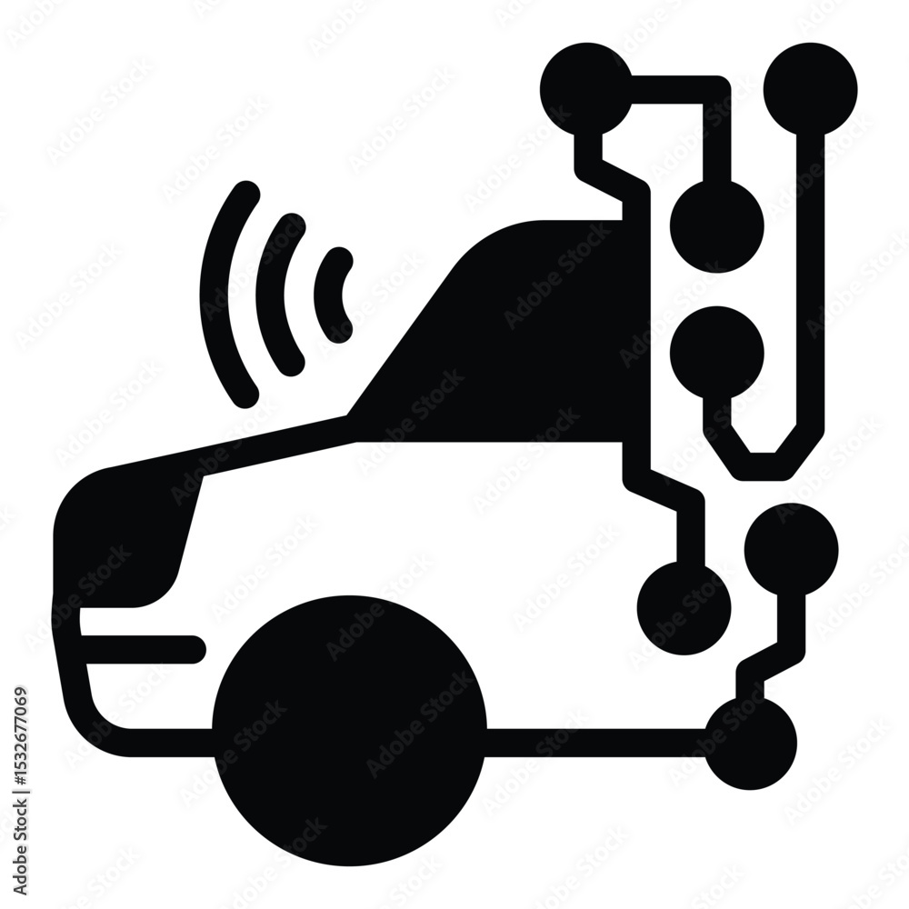 Poster car with wireless sensor circuit solid icon, neural network concept. vector graphics. automobile wit
