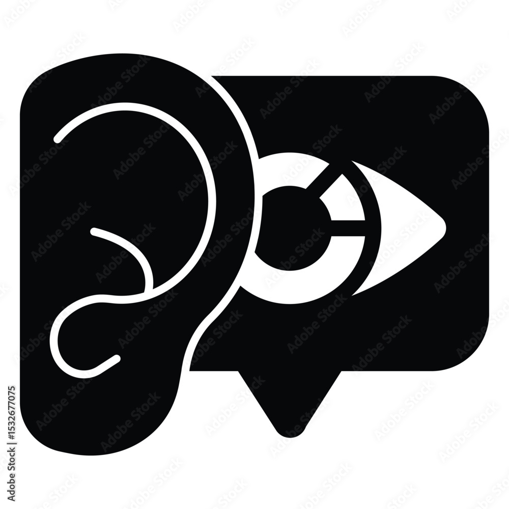 Aufkleber ear and bubble with eye solid icon, neural network concept. vector graphics. sound recognition, data