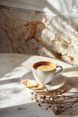 A cup of espresso with pita bread on a white saucer. Warm morning light, soft shadows, and textured walls create a cozy and rustic atmosphere.