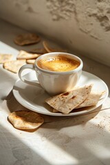 A cup of golden espresso with a creamy layer of foam served on a white saucer, surrounded by pieces of fresh pita bread. Soft daylight and textured walls create a warm, rustic feel.