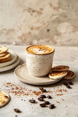 Rustic ceramic cup of cappuccino with frothy crema, paired with mini pita breads. Coffee beans and cinnamon dust add texture. A cozy, earthy morning setup in natural warm light.