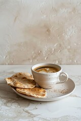 Minimalist ceramic cup with fresh espresso and foamy crema, served with warm pita bread. Set on a marble-textured surface with neutral tones for a calm, organic aesthetic.