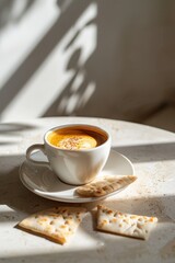 A white cup of espresso with elegant crema sits on a plate, paired with pieces of pita bread. Gentle shadows dance on the textured surface, evoking a calm, sunlit café ambiance.