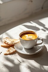A cup of espresso with delicate latte art, served with pita bread slices on a textured white surface. The soft morning light casts playful shadows, creating a peaceful, cozy atmosphere.
