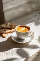 A cup of espresso with delicate latte art sits on a sunlit stone surface, beside pieces of pita bread. Soft shadows and textures create a warm, rustic atmosphere perfect for slow mornings.