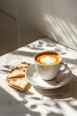 Espresso with delicate latte art in a white cup, served with pita bread on a sun-drenched, textured surface. Artistic shadows from foliage add a calm, elegant touch to the rustic minimal setting.