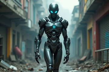 A Cyborg's Journey: Exploring an Eroding Cityscape with Metallic Skin and Neon Glowing Eyes