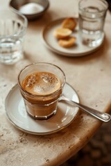 A shot of espresso served in a clear glass with a metal spoon on a marble table, accompanied by a water glass and a small plate with sliced biscuits in soft, natural café light.