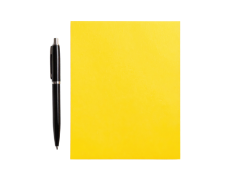 A black pen and a yellow notebook positioned side by side on a dark surface.