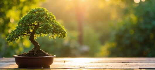 Serene Bonsai Tree in Sunlit Garden Setting