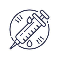 Line art icon of a syringe with a needle and drops of liquid, inside a circle. Represents medical administration, vaccination, and timely drug delivery.