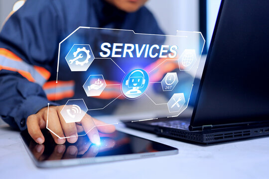 services maintenance concept with engineer using laptop computer to monitoring customer request to investigate and take action solving problem in customer site