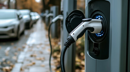 electric car charging at a station, with the charging cable plugged in. The background is blurred, focusing attention on the charging process.