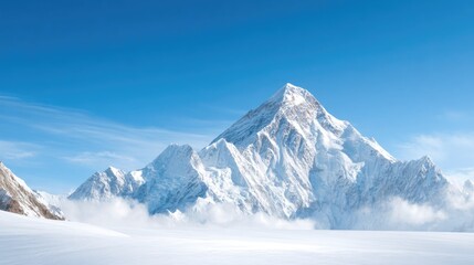 Majestic Snow-Covered Mountain Peak under Blue Sky