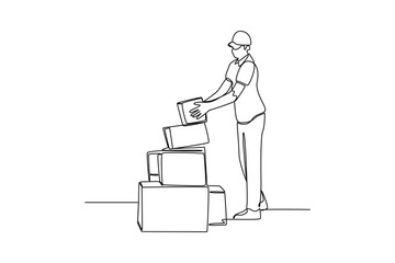 one continuous line draw of the courier stacks the boxes. Courier activity minimalist concept. Delivery at simple line design.