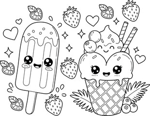 A delightful duo of Kawaii summer sweets! This happy popsicle and heart-shaped ice cream cone are the cutest frosty friends, surrounded by berries, hearts, and sparkles.