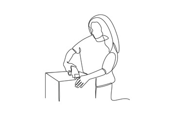 one continuous line draw of The female courier glued the box with duct tape. Courier activity minimalist concept. Delivery at simple line design.
