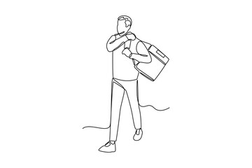 one continuous line draw of a courier deliver his package. Courier activity minimalist concept. Delivery at simple line design.