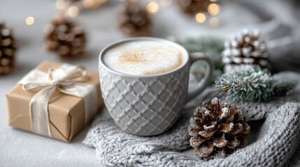Warme Kaffeeszene mit Geschenken und gemütlicher Weihnachtsdekoration