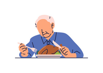 An old man holding a fork and knife looked unwell and had no appetite for the roasted chicken on his plate. Flat vector illustration isolated on white background