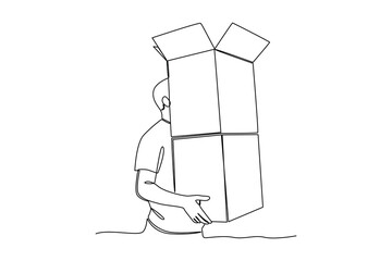 one continuous line draw of a courier is lifting a package. Courier activity minimalist concept. Delivery at simple line design.