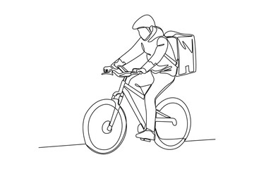 one continuous line draw of a courier delivers packages by bicycle. Courier activity minimalist concept. Delivery at simple line design.
