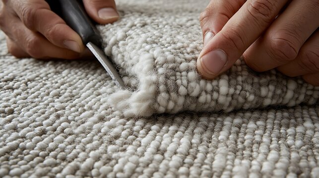 Hands cutting grey carpet trim.