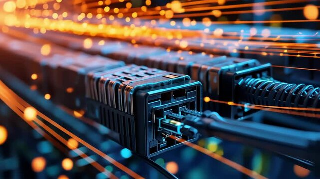 Close-up of server cables and connections conveying data with network technology, digital information.