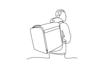 one continuous line draw of the courier carries the goods bag. Courier activity minimalist concept. Delivery at simple line design.