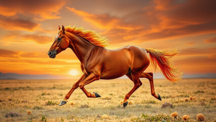 horse with fiery mane and tail gallops across the steppe, symbol of 2026, chinese horoscope, new year of the fire horse, equine