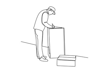 one continuous line draw of The courier makes a note on the box. Courier activity minimalist concept. Delivery at simple line design.