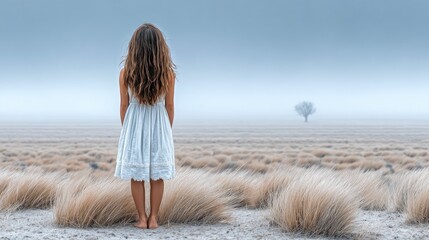 Girl in White Dress Facing Isolated Tree