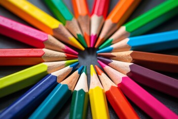 Fototapeta premium Aerial View of Vibrantly Colored Pencils Arranged in Geometric Patterns on Desk