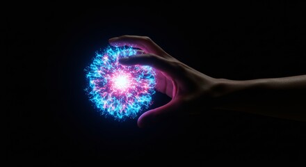Obraz premium Hand Manipulating a Vibrant Energy Sphere with Swirling Light Particles