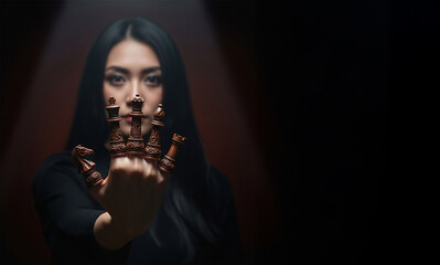 Dark fantasy strategy portrait: elegant woman with chess pieces fingers, beautiful intricate carved wooden pieces, allegory of strategic power, control and intellectual depth in dramatic shadow play