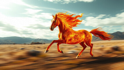 horse with fiery mane and tail gallops across the steppe, symbol of 2026, chinese horoscope, new year of the fire horse, equine