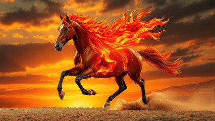 horse with fiery mane and tail gallops across the steppe, symbol of 2026, chinese horoscope, new year of the fire horse, equine