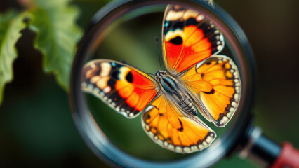 butterfly on flower under magnifying glass, insect, plant, nature, macro video, colorful wings, entomology