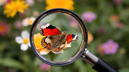 butterfly on flower under magnifying glass, insect, plant, nature, macro video, colorful wings, entomology
