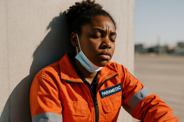 Exhausted paramedic in orange uniform resting against concrete wall outdoors, eyes closed, face mask below chin, serene sunlight