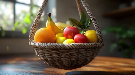 Hanging fruit basket with kitchen.